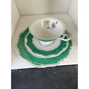 Weimar Porcelain Cup & Saucer Set Germany Green & White Floral Printed Mark